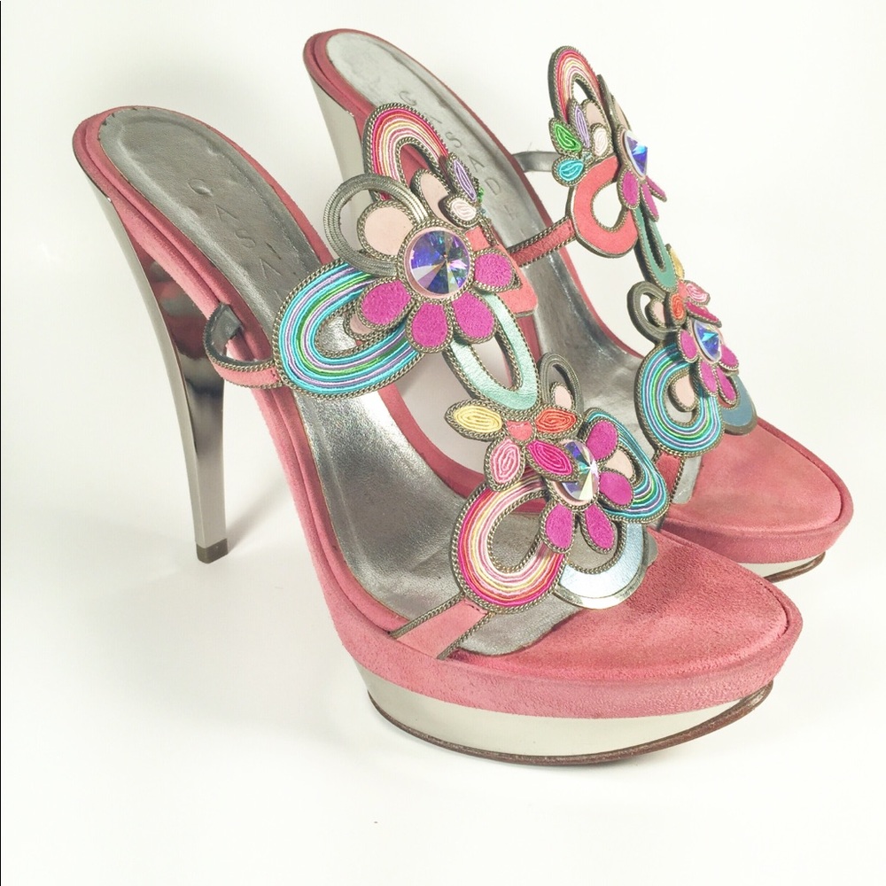 Casadei Pink Suede Metallic Heel Sandal